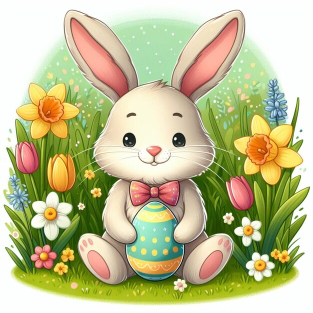 Photo a bunny with a bow tie and an easter egg in the grass generative ai