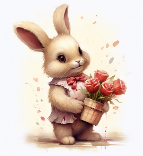 A bunny with a bucket of roses in it