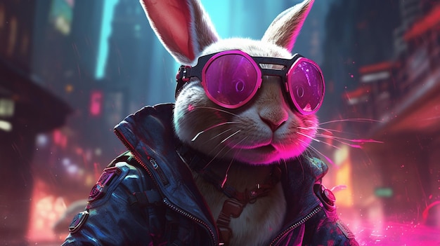 Bunny with cyberpunk landscape background