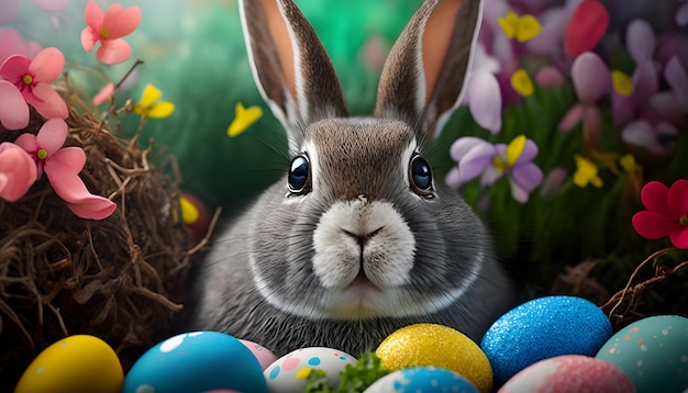 A bunny with easter eggs in the background