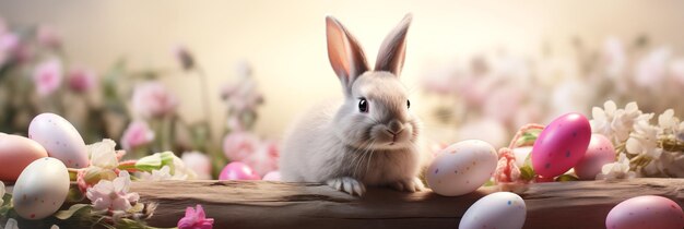Bunny with Easter eggs and spring flowers banner Panoramic web header Wide screen wallpaper