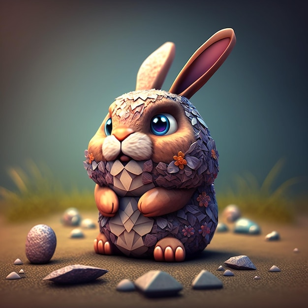 A bunny with a face and eyes is standing in front of a painted egg.