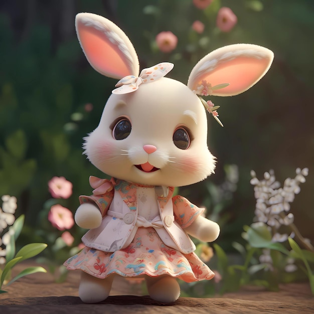 A bunny with a floral dress and a pink bow on its head is standing on a log.