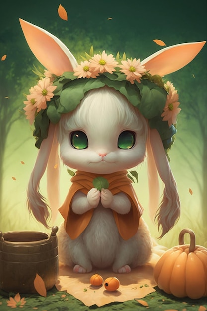 Bunny with a flower crown on her head and basket of pumpkins generative ai