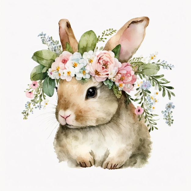 A bunny with a flower crown on his head