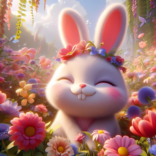 a bunny with flowers and a bunny in the background