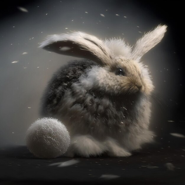 A bunny with fluffy ears and a black background with a white background.