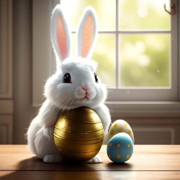 A bunny with a golden egg next to it