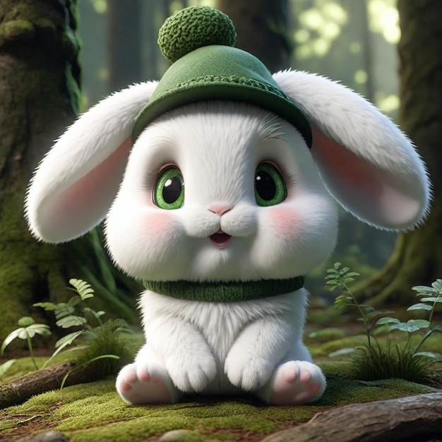 a bunny with a green hat and green eyes sits in a forest