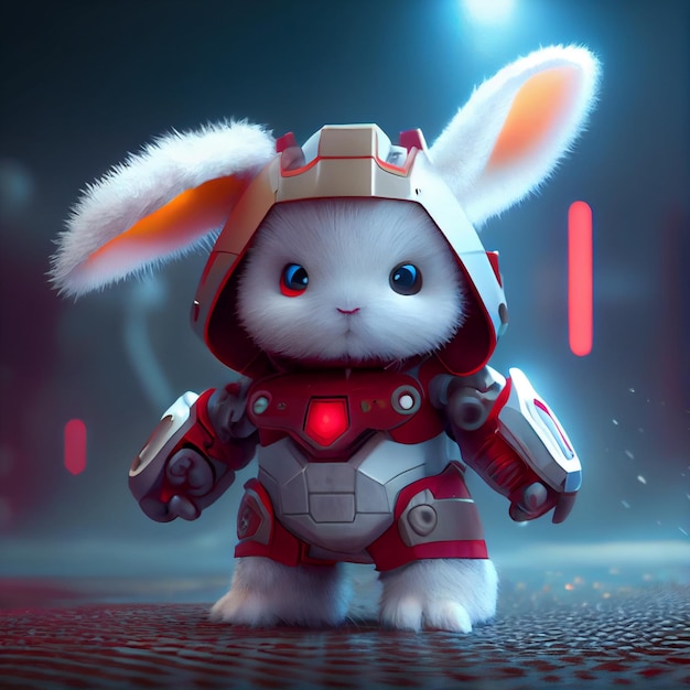 A bunny with a helmet and a helmet is standing in a dark room.