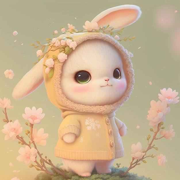 A bunny with a hood and a flower on it