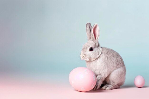 A bunny with a large egg on its face is sitting next to a pink egg.