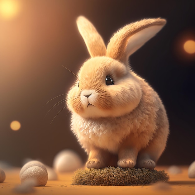 A bunny with a large nose is standing on a rock with a bunch of eggs in the background.