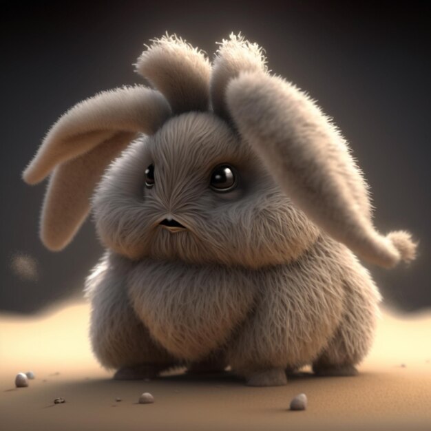 A bunny with long ears is in the sand.