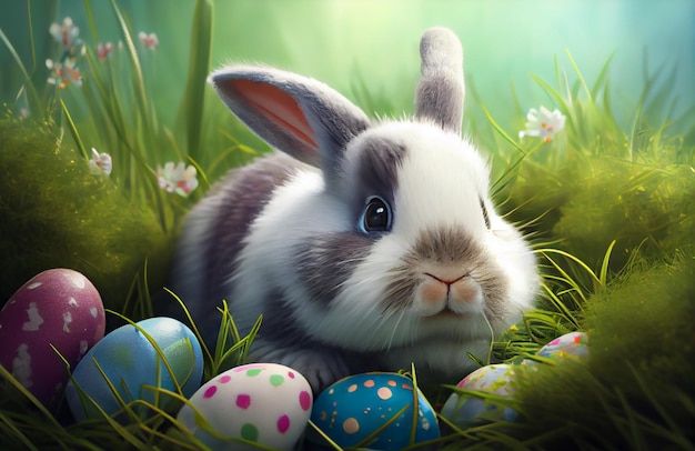 A bunny with painted eggs in the grass