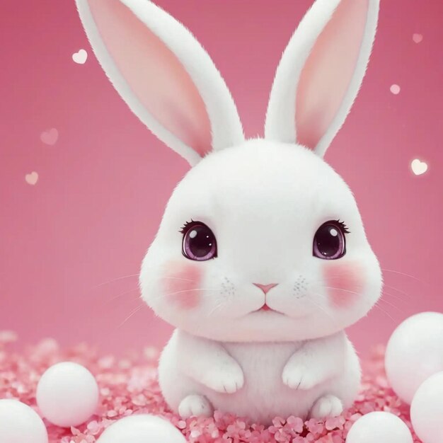 a bunny with a pink background with many small eggs in the middle