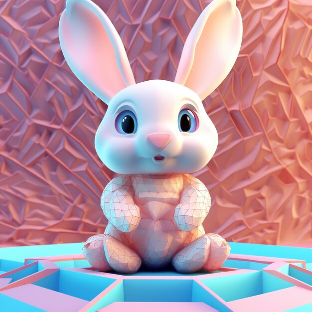 A bunny with a pink face is sitting on a blue square.