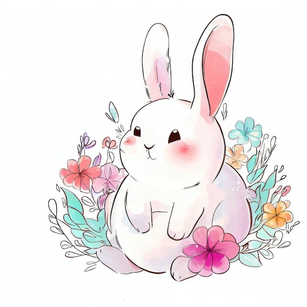 A bunny with a pink face sits in a field of flowers.