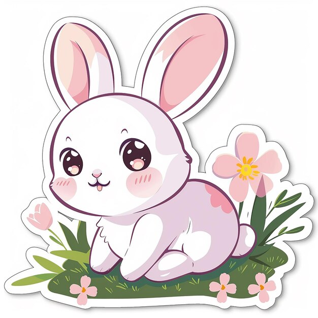 Photo a bunny with a pink nose sits in a garden with flowers and a picture of a bunny