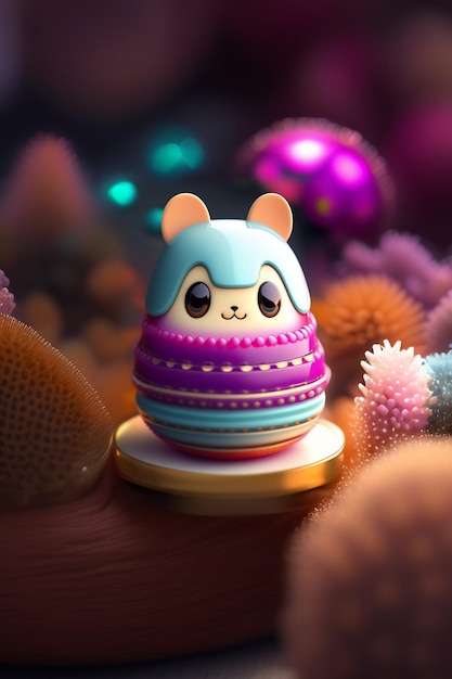 A bunny with a purple and blue egg on a stand