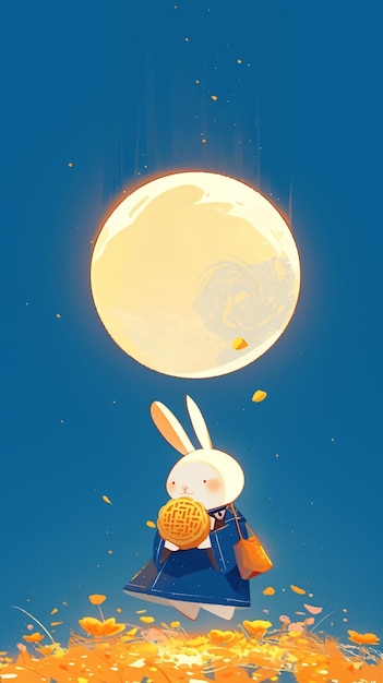 a bunny with a yellow bow and the moon in the backgroundMidAutumn Festival moon rabbit illustration