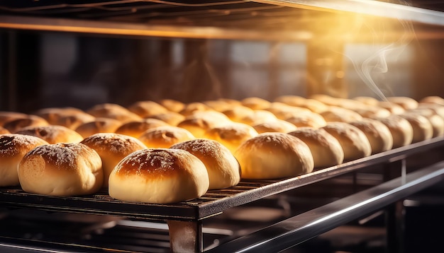 buns on baking rack on a conveyor belt in a bakery