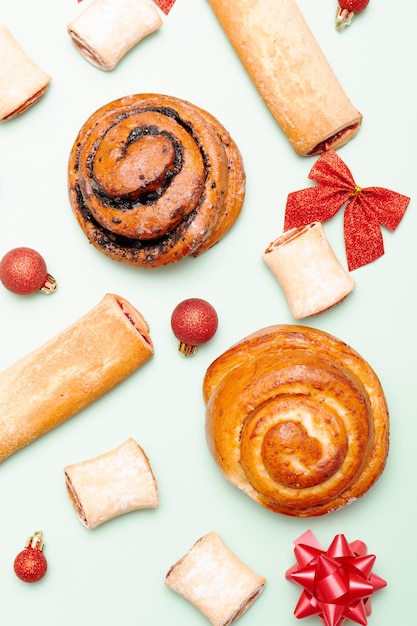 Buns and Christmas toys on a light background