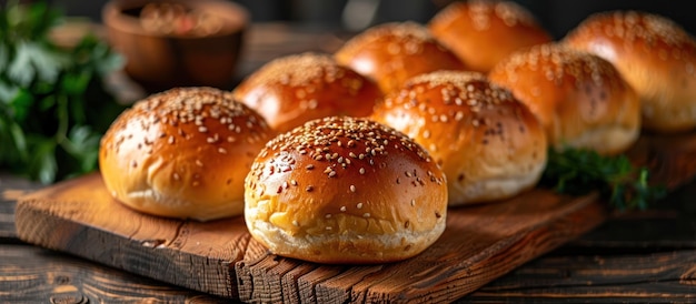 Photo buns covered in sesame seeds on wooden board