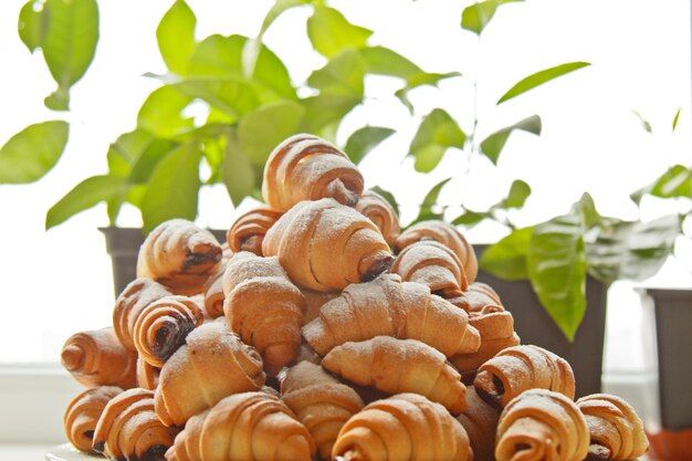 Buns in a plate full of freshly baked bagels sprinkled with powdered sugar on the kitchen table cooking baking croissants baking preparation stage breakfast closeup copy space