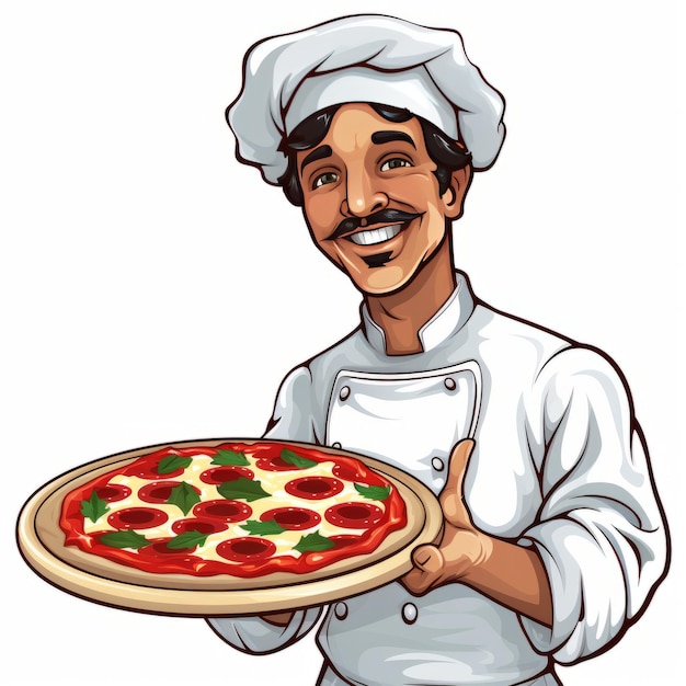 Buon Appetito Vibrant Vector of a Smiling Italian Pizza Chef Portrayed with a White Hat Black Hai