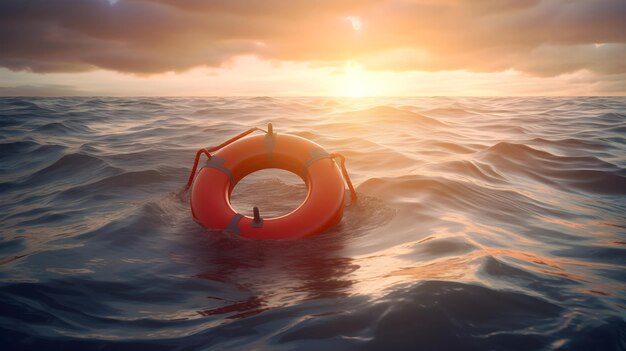 Foto boe che galleggiano nell'oceano cielo nuvoloso e luce del tramonto serale concetto per le vacanze persona scomparsa annegata tragedia ricerca e soccorso