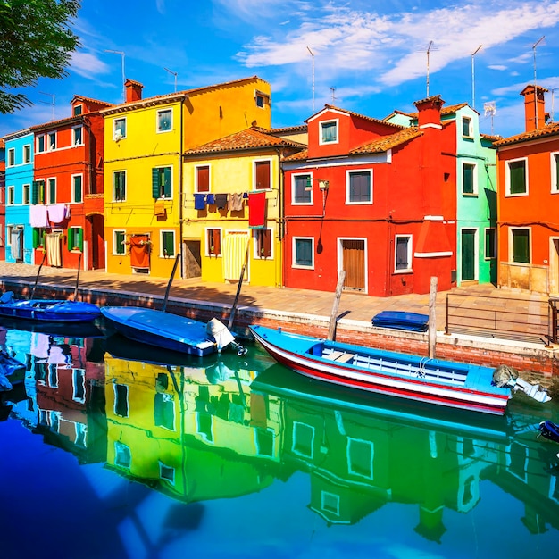 Burano island canal colorful houses and boats in the Venice lagoon Italy