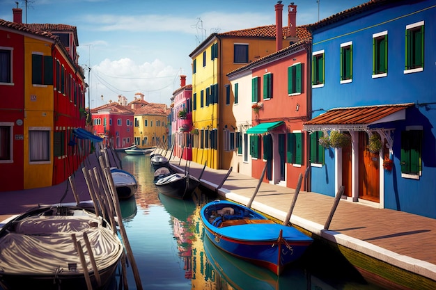 Burano straat met huizen en boten op het water