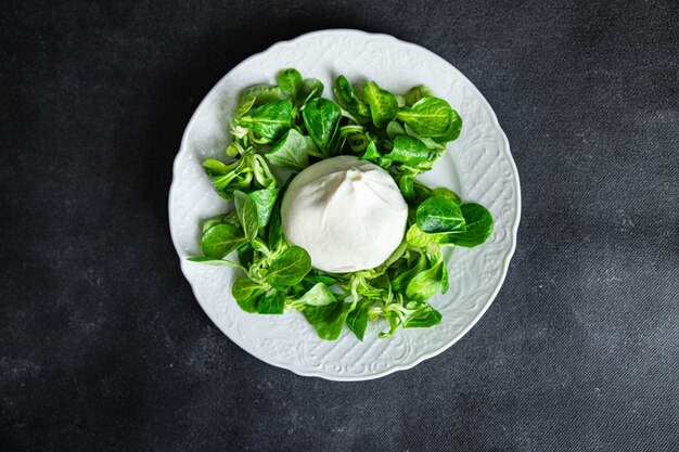 buratta salad green leaves mix fresh healthy meal food snack diet on the table copy space food