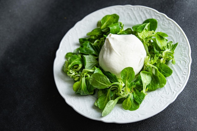 buratta salad green leaves mix fresh healthy meal food snack diet on the table copy space food