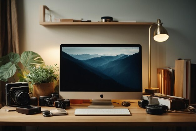 Bureau-elementen arrangement met laptop met leeg scherm