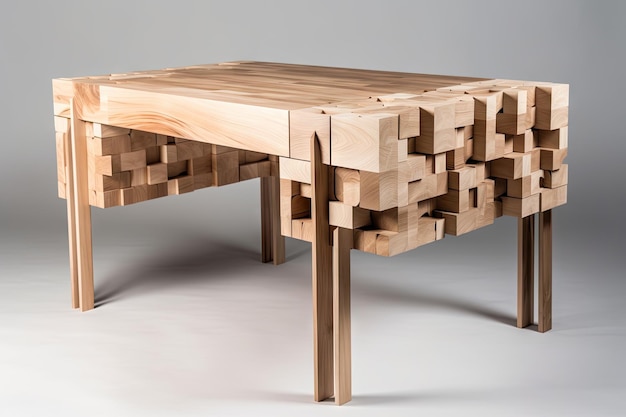 Bureau gemaakt van blokken natuurlijk hout met een minimalistisch ontwerp gemaakt met generatieve AI