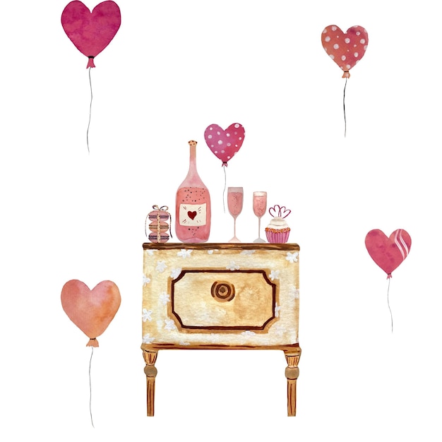 Bureau love glass balloon cupcake pink. A watercolor isolated illustration. Hand drawn.
