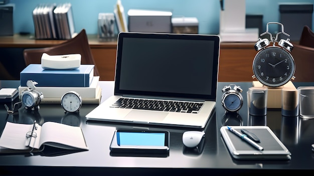 bureau met briefpapier en technische gadgets