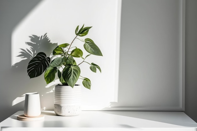 Bureau met kleine groene plant en schaduwrijke witte muur Geef jezelf de ruimte om te decoreren