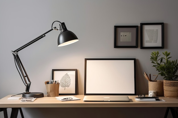 bureau met lampen en een computer met een leeg scherm dicht bij een heldere muur