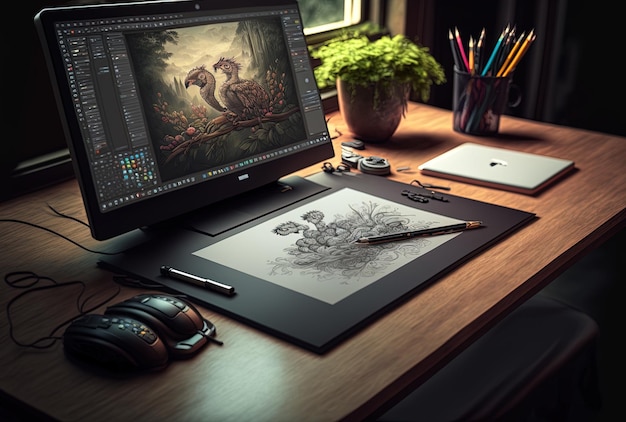 Foto bureau met laptop en grafisch tablet