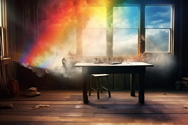 Foto bureau met regenboogmist generatieve ai