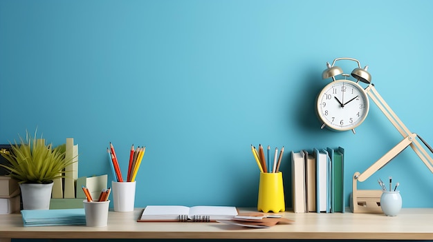 Bureau met schoolbenodigdheden zoals een lamp en meer op de blauwe muur. Ruimte voor tekst. Studie klaar