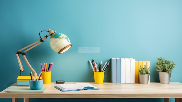 Bureau met schoolbenodigdheden zoals een lamp en meer op de blauwe muur. Ruimte voor tekst. Studie klaar