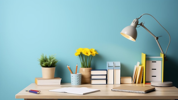 Bureau met schoolbenodigdheden zoals een lamp en meer op de blauwe muur. Ruimte voor tekst. Studie klaar