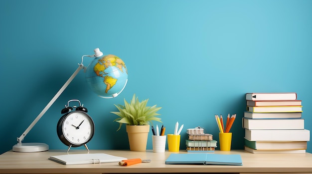 Bureau met schoolbenodigdheden zoals een lamp en meer op de blauwe muur. Ruimte voor tekst. Studie klaar