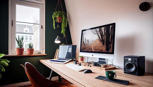 Bureaublad in kantoor aan huis in de buurt van venster professionele foto