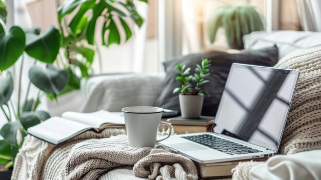 Foto bureaublad met een laptop boek potplanten en een kop koffie close-up van kantoor bureau