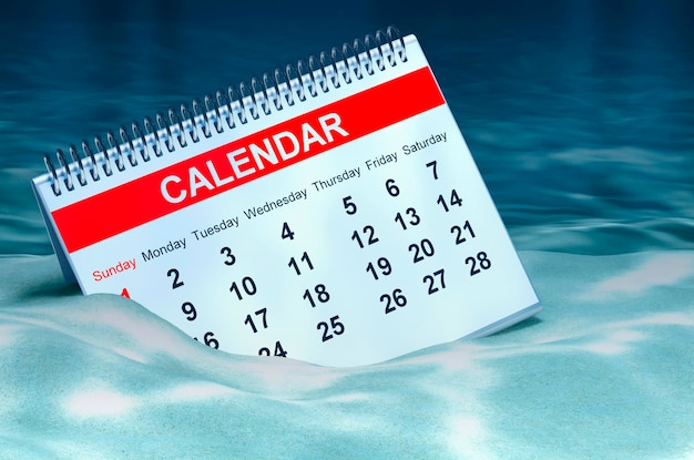 Bureaukalender op oceaanbodem onderwater 3D-rendering